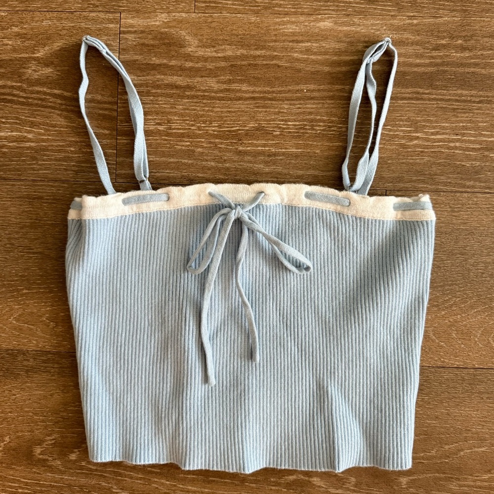 Light Blue and White Ribbed Cotton Tank Top
